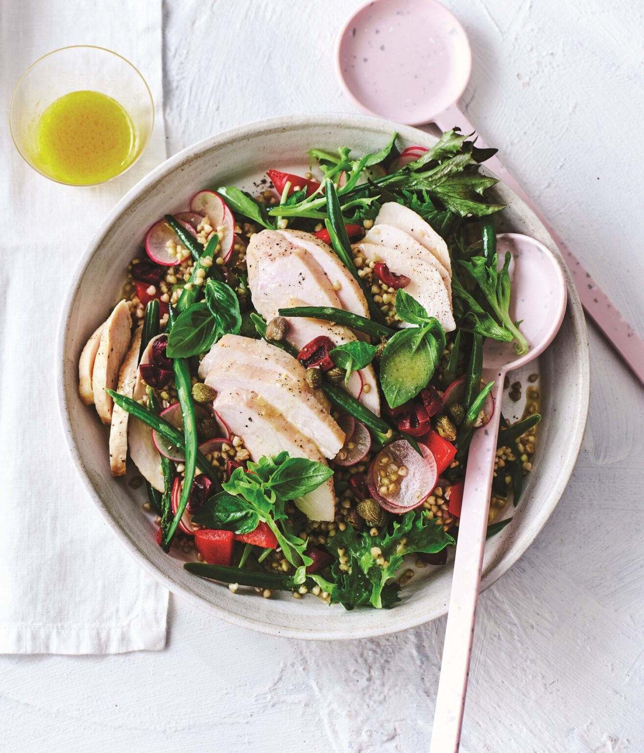Chicken and buckwheat salad with raw and roasted vegies
