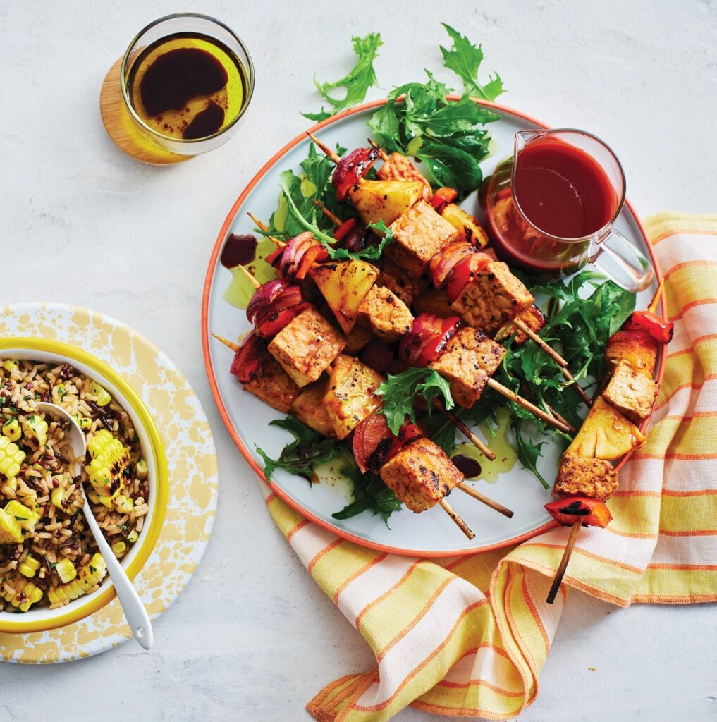 Sweet 'n' spicy tempeh and vegie skewers with rice - Healthy Food Guide