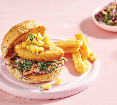 Crumbed fish burgers with pineapple salsa & chips