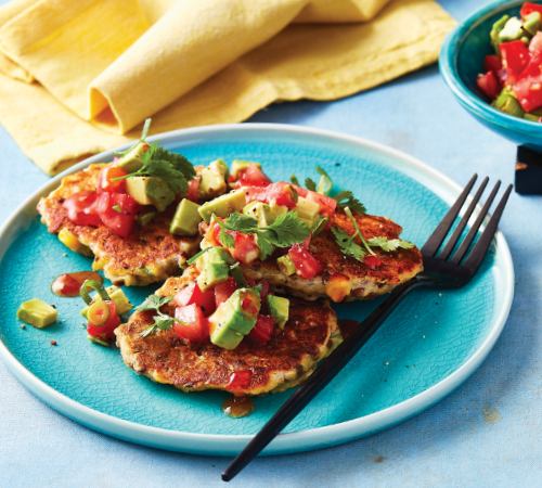 Lentil and corn fritters with tomato and avocado salsa