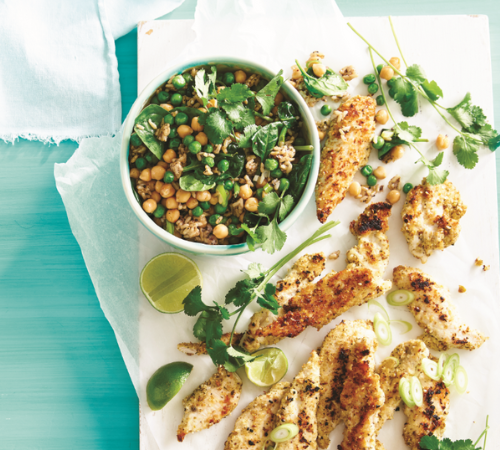 Coconut chicken tenders with spinach and rice